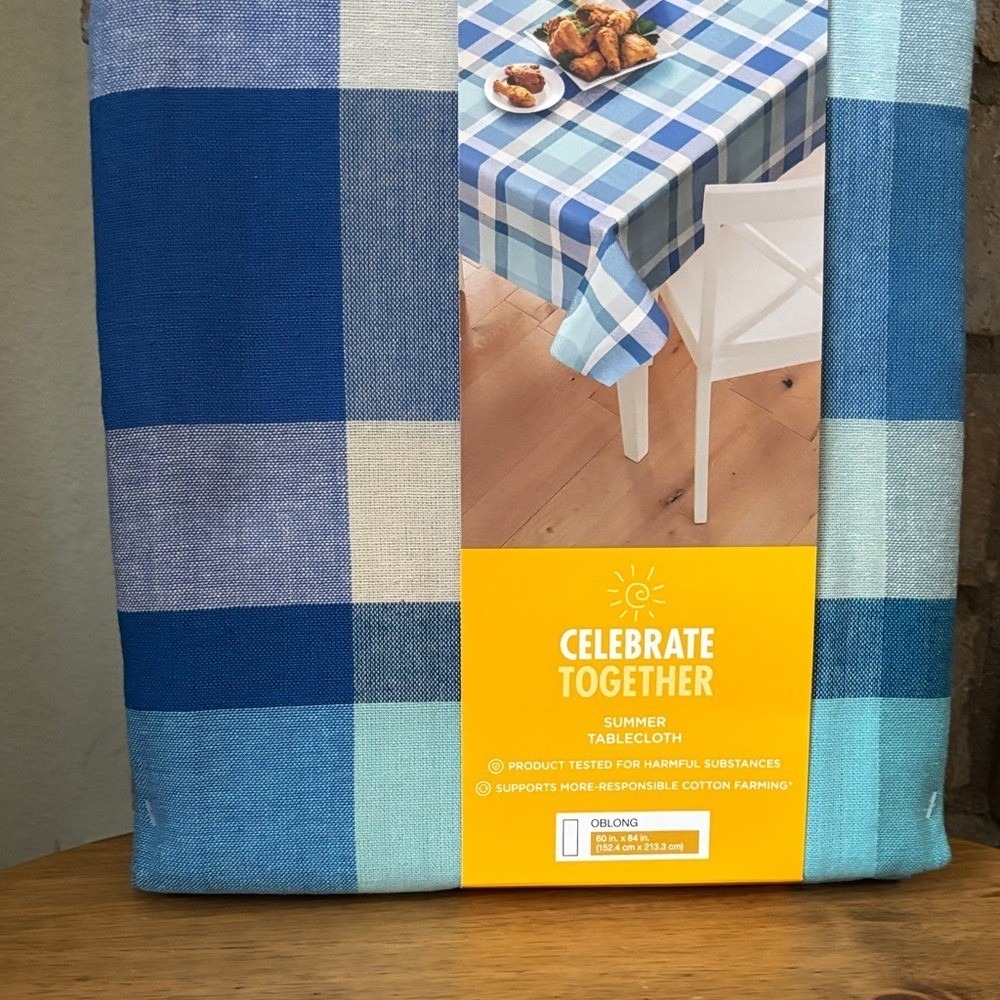 Celebrate Together Blue Gingham Plaid Picnic Table Cloth Fabric 60" by 84" NEW - Picture 4 of 11